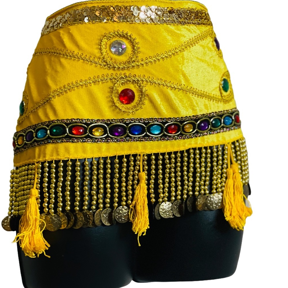 Belly Dance Vibrant Yellow Skirt with Gems and Gold  Shimmery Belt - Picture 4 of 4